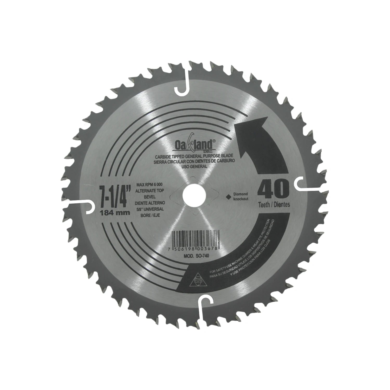 Disco sierra circular Oakland 7-1/4" 40 dientes de carburo, eje 5/8" universal, para uso general