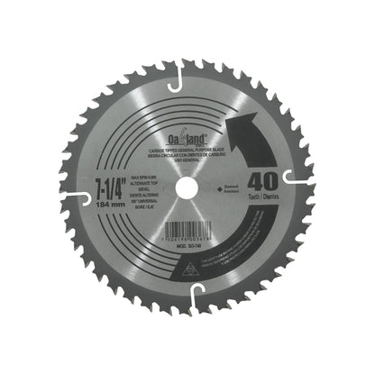 Disco sierra circular Oakland 7-1/4" 40 dientes de carburo, eje 5/8" universal, para uso general