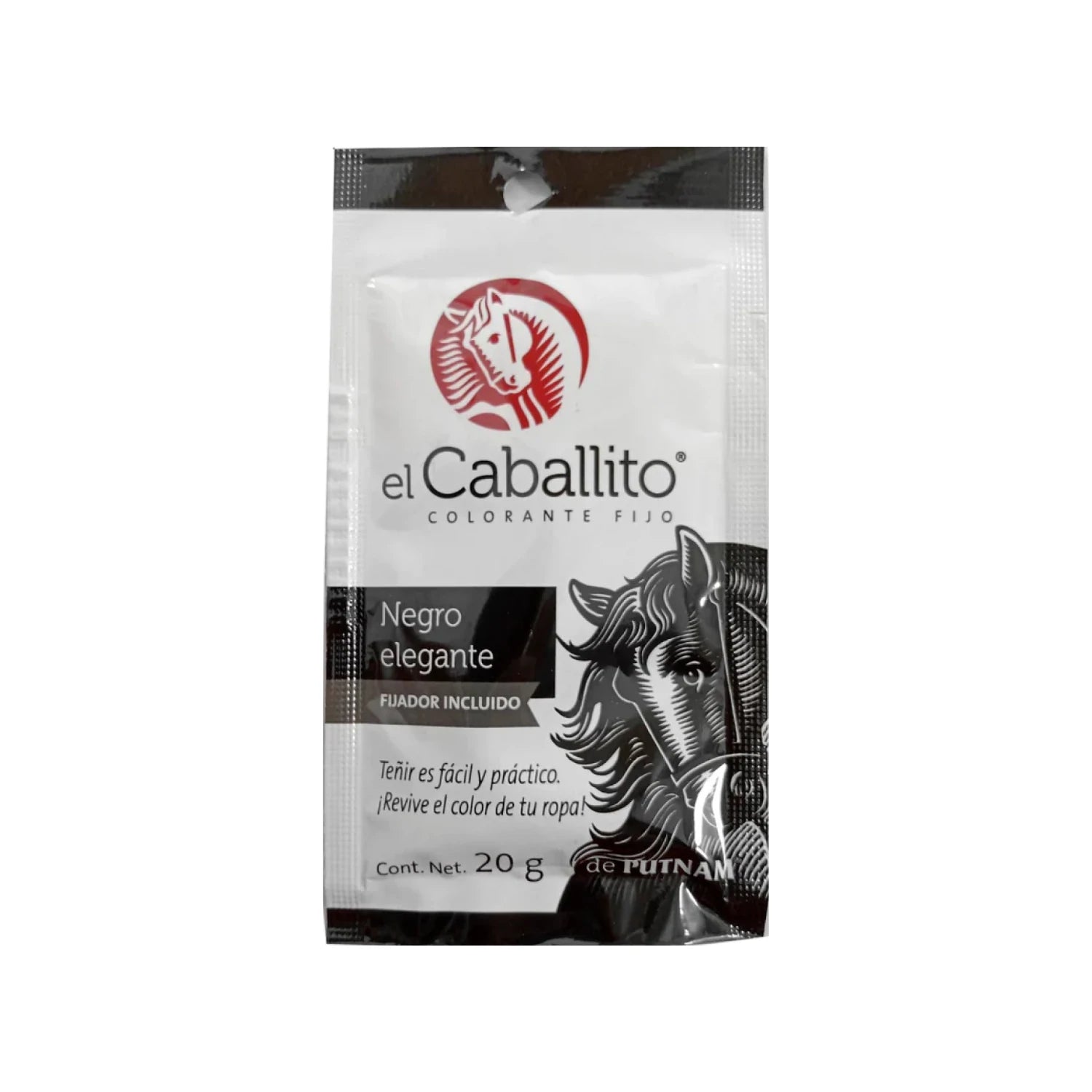 Colorante textil El Caballito negro elegante con fijador incluido, 20g, para teñir y revivir el color de la ropa.