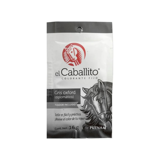 Colorante fijo El Caballito Gris Oxford 16g para teñir ropa, incluye fijador. Ideal para revivir color.