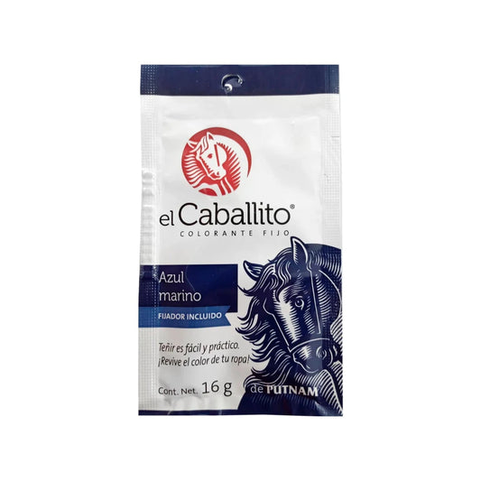 Tinte de ropa El Caballito azul marino 16g con fijador incluido para teñir y restaurar el color de tus prendas fácilmente.