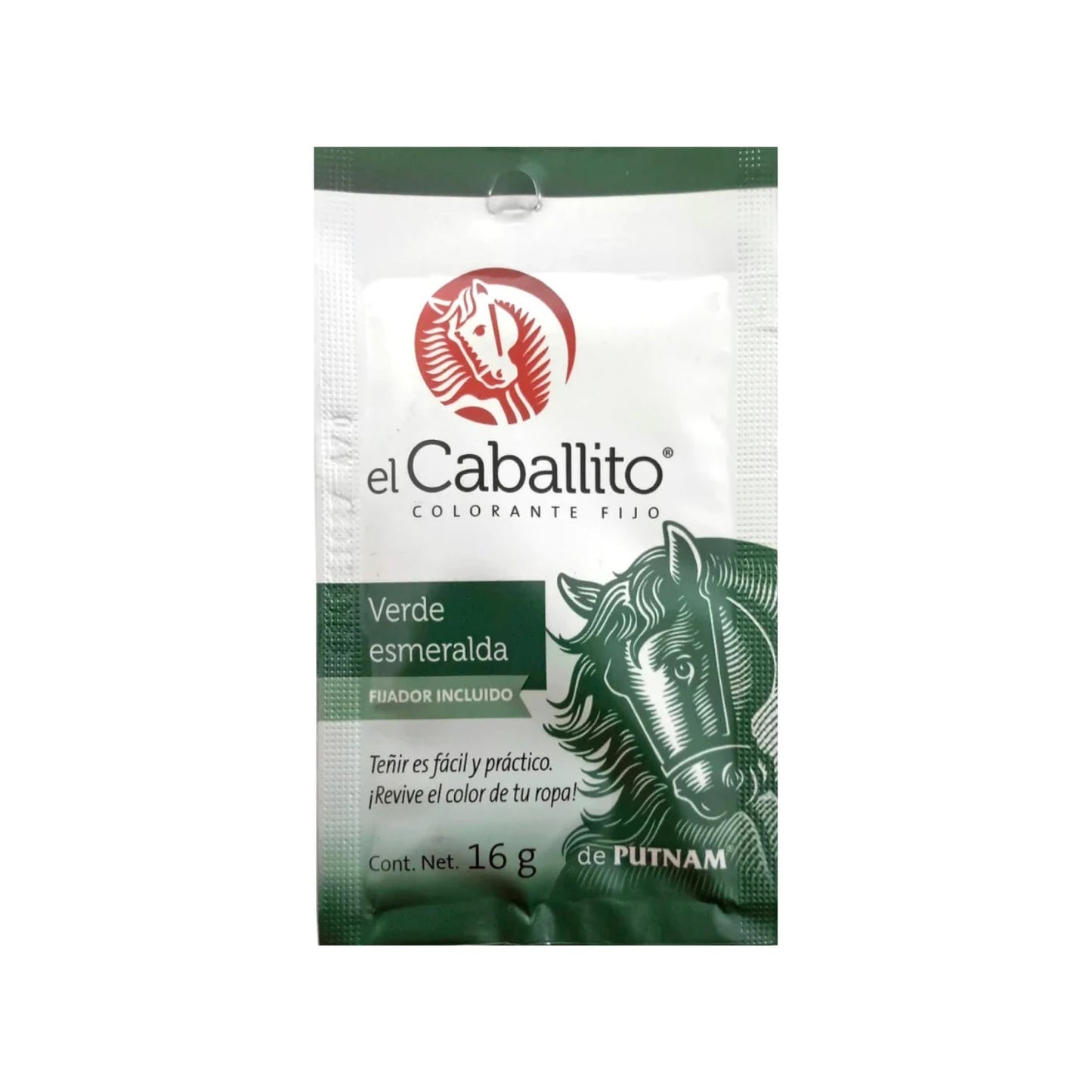 Colorante textil El Caballito Verde Esmeralda 16g con fijador para ropa, fácil de usar.