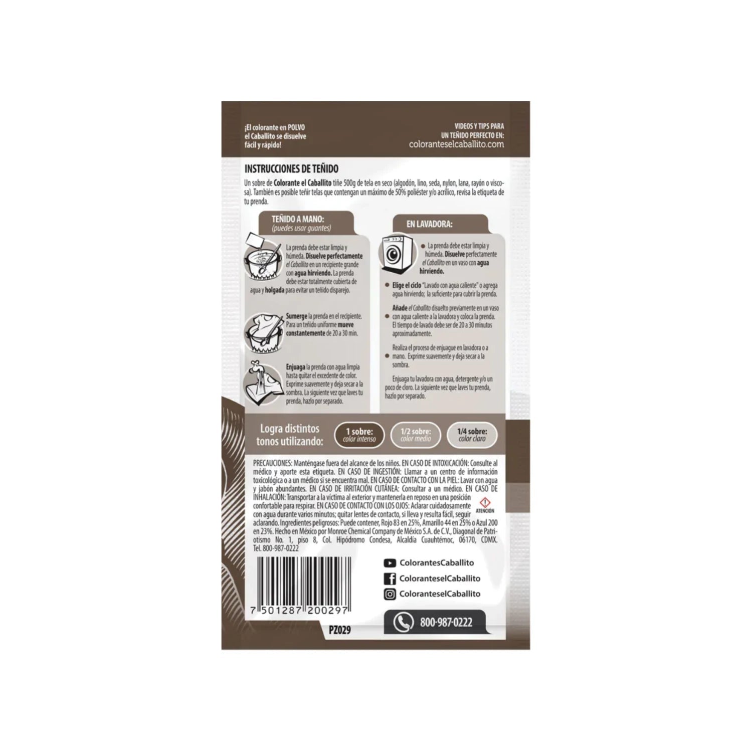 Colorante en polvo café tabaco Caballito para teñir telas, incluye instrucciones de uso manual y lavadora