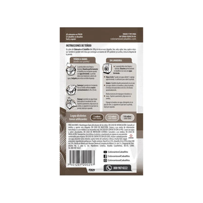 Colorante en polvo café tabaco Caballito para teñir telas, incluye instrucciones de uso manual y lavadora