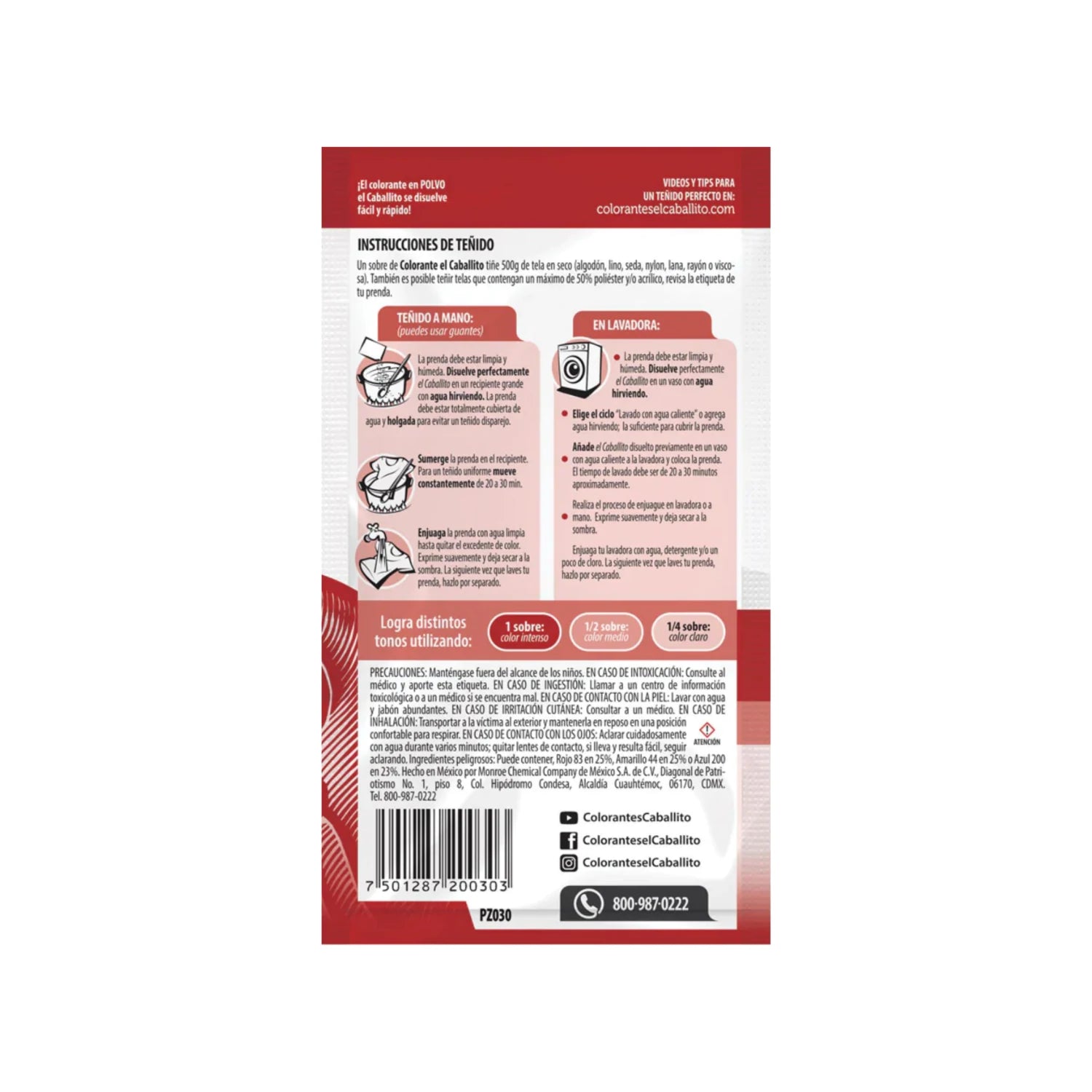 Colorante en polvo Caballito rojo granada para teñir ropa y telas a mano o lavadora.