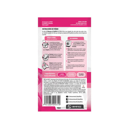 Envase de colorante en polvo Caballito rosa mexicano para teñir tela, incluye instrucciones detalladas de uso.