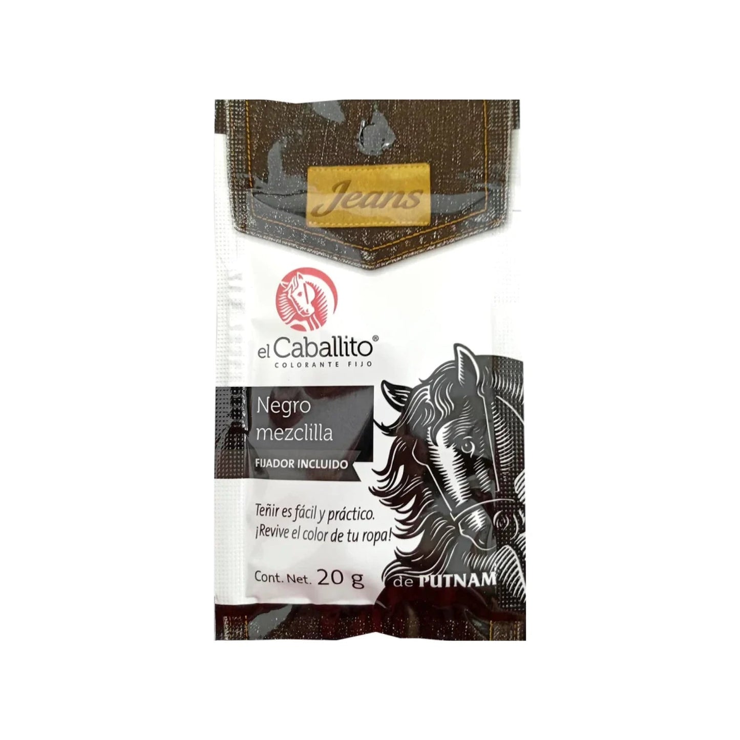 Colorante negro para ropa El Caballito 20g, ideal para mezclilla y jeans, con fijador incluido.