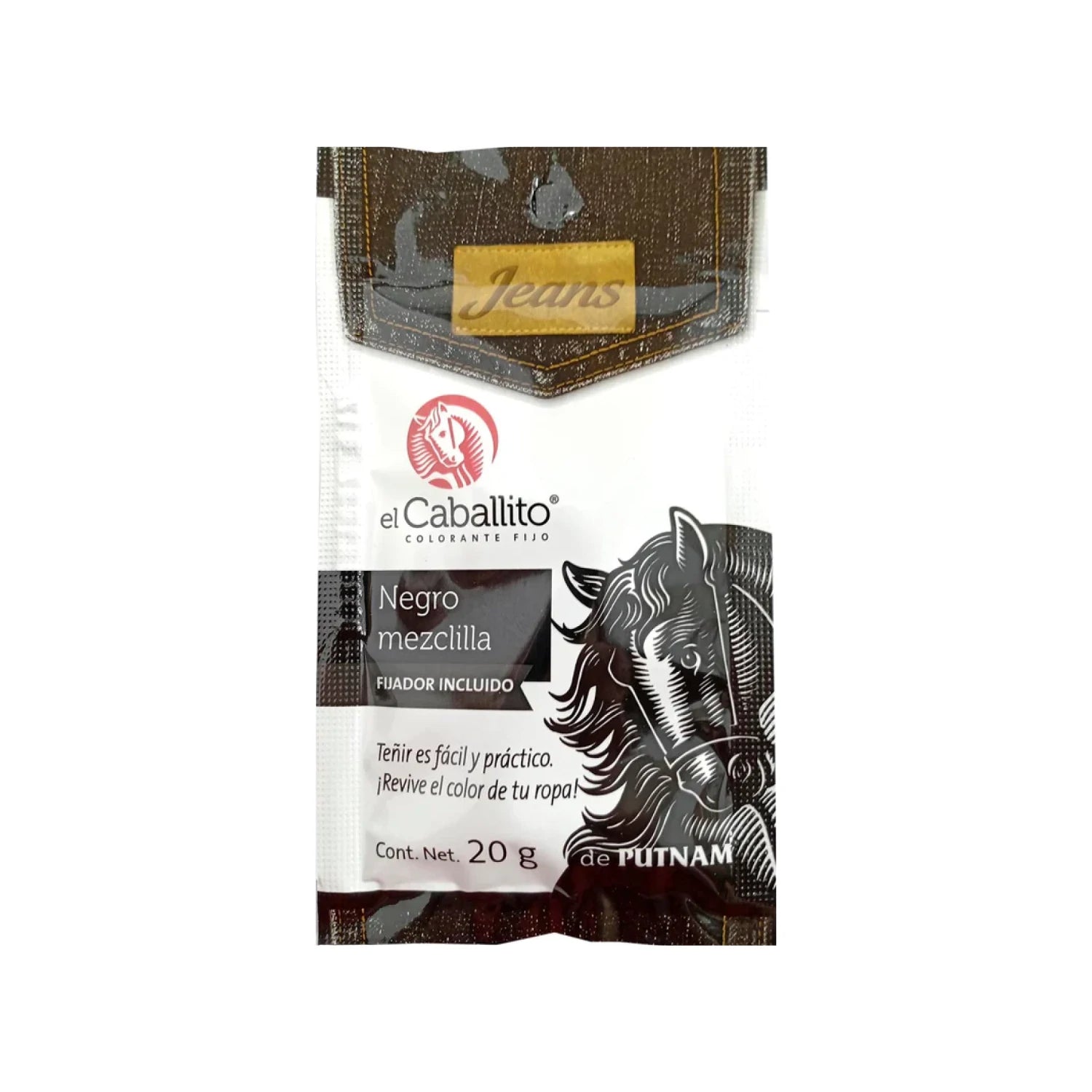 Colorante negro para ropa El Caballito 20g, ideal para mezclilla y jeans, con fijador incluido.