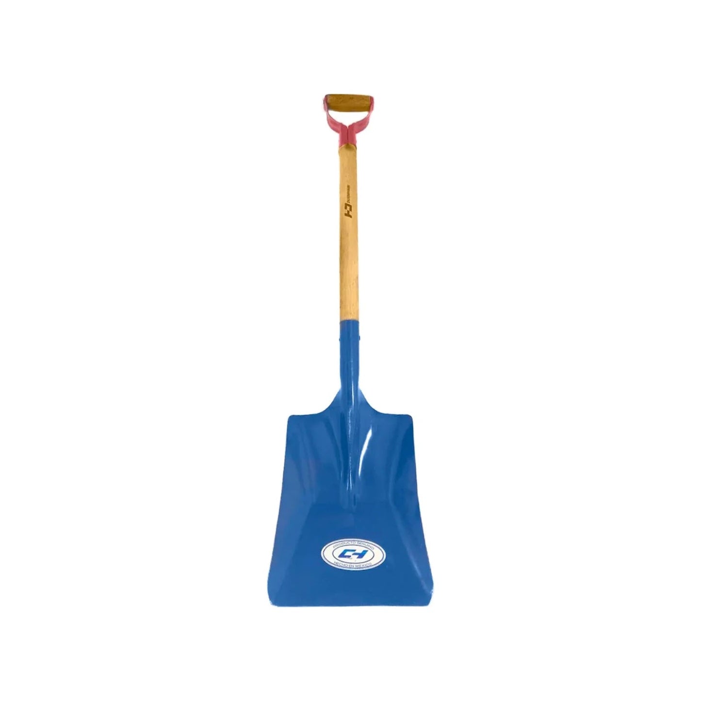 Pala cuadrada CH azul con mango de madera y puño tipo D, robusta para jardinería y construcción.