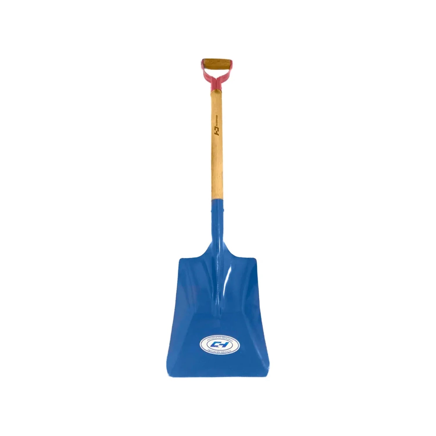 Pala cuadrada CH azul con mango de madera y puño tipo D, robusta para jardinería y construcción.