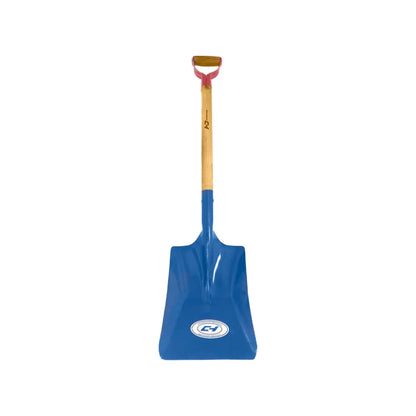 Pala cuadrada CH azul con mango de madera y puño tipo D, robusta para jardinería y construcción.