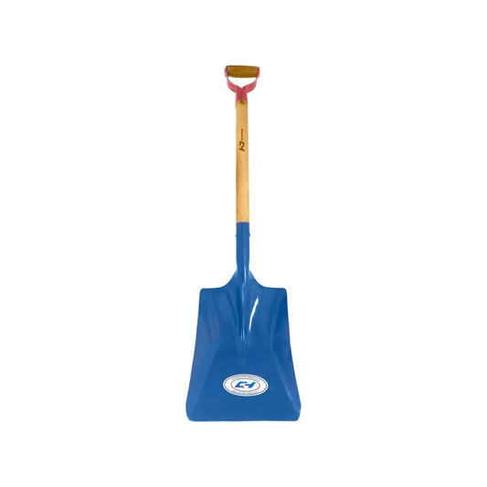 Pala cuadrada CH azul con mango de madera y puño tipo D, robusta para jardinería y construcción.