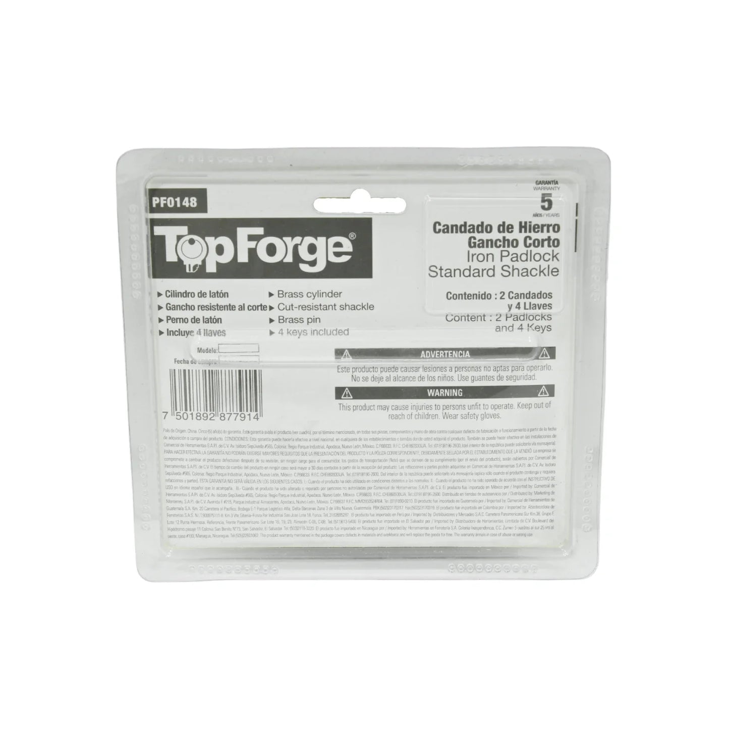 Candado 50 mm gancho corto plata 2 piezas Top Forge PF0148