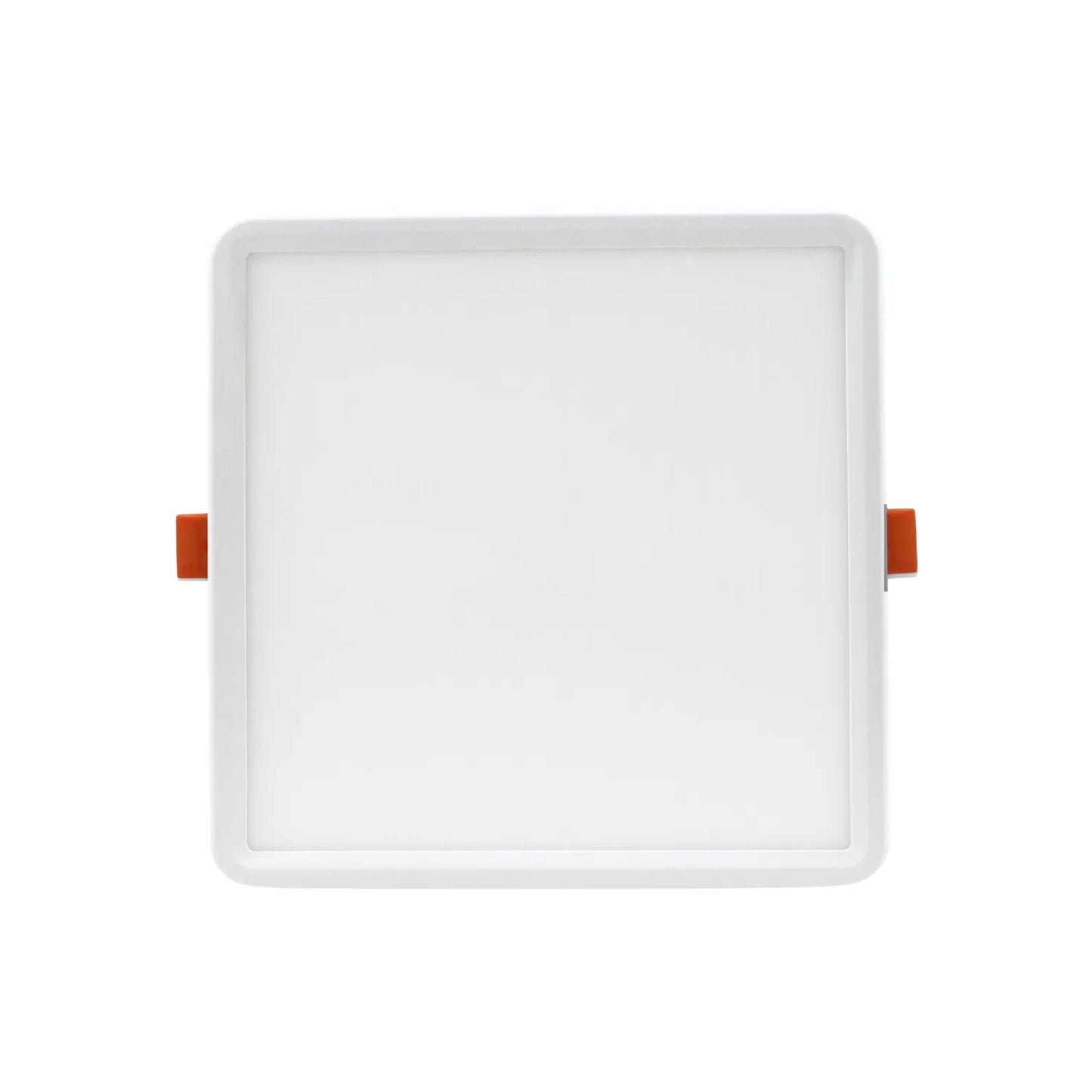 Lámpara panel LED cuadrado empotrable blanco con clips naranja para falso techo