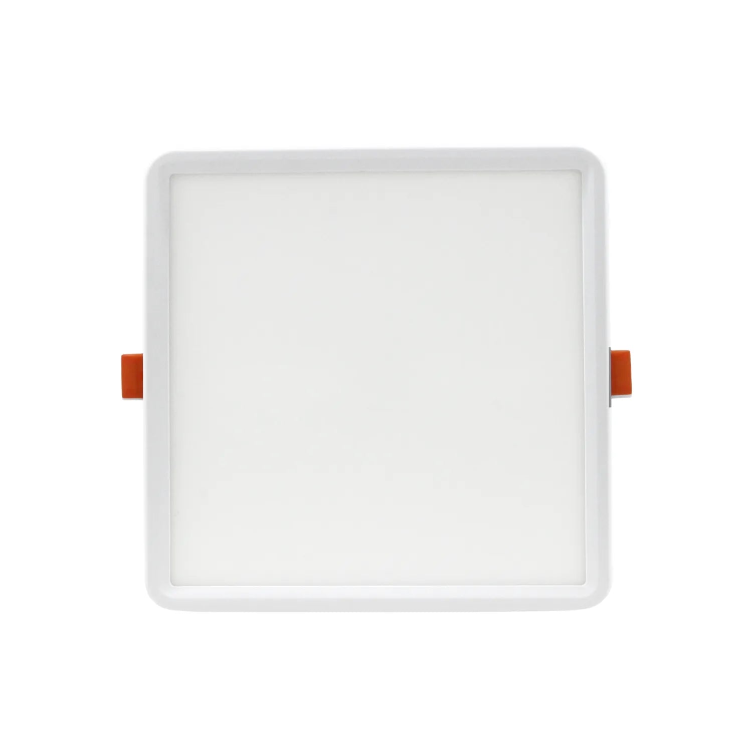 Lámpara panel LED cuadrado empotrable blanco con clips naranja para falso techo
