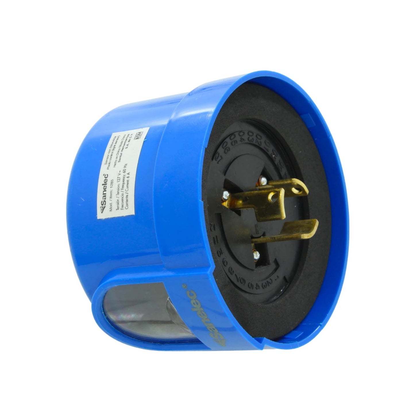 Fotocelda Sanelec azul 127V 6A para control de iluminación urbana, sensor de luz con conector twist-lock