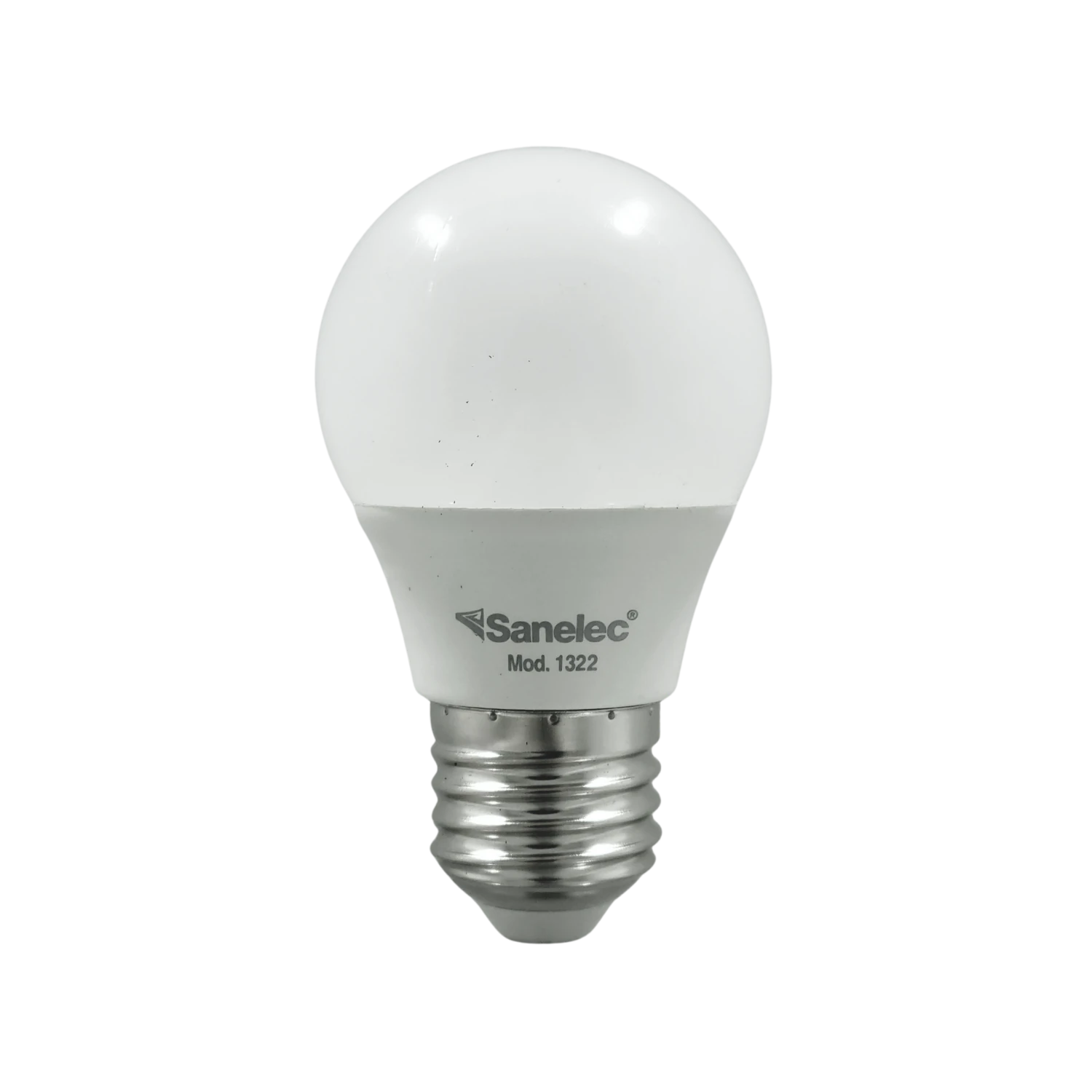 Foco LED Sanelec 1322 de 3W con luz fría, bombilla blanca tipo globo y base rosca E27.