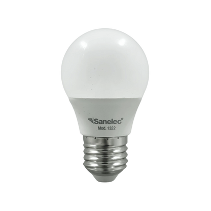 Foco LED Sanelec 1322 de 3W con luz fría, bombilla blanca tipo globo y base rosca E27.