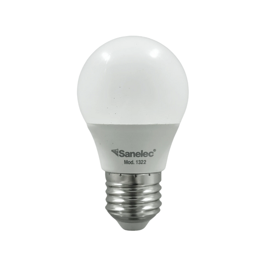 Foco LED Sanelec 1322 de 3W con luz fría, bombilla blanca tipo globo y base rosca E27.