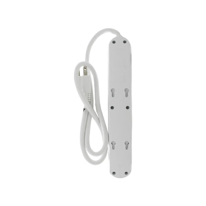 Multicontacto blanco Sanelec con orificios para montaje en pared y cable de alimentación de uso rudo.