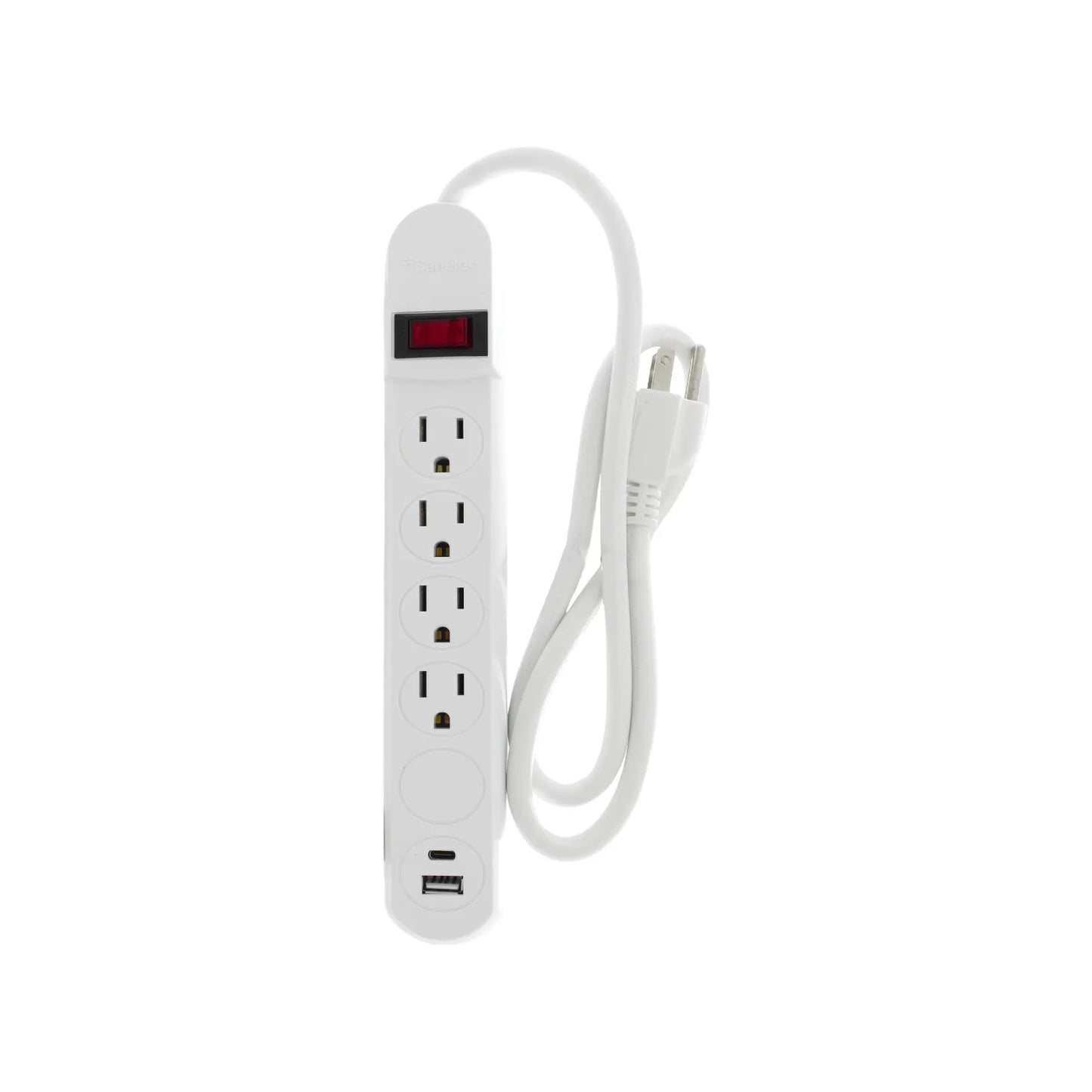 Multicontacto Sanelec blanco de 4 tomas con puertos USB-A y USB-C para carga de dispositivos electrónicos