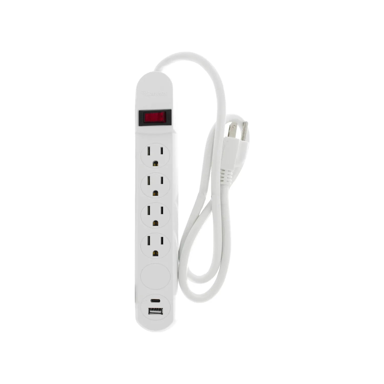 Multicontacto Sanelec blanco de 4 tomas con puertos USB-A y USB-C para carga de dispositivos electrónicos