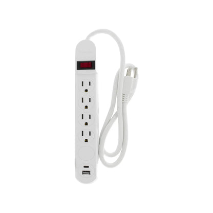 Multicontacto Sanelec blanco de 4 tomas con puertos USB-A y USB-C para carga de dispositivos electrónicos