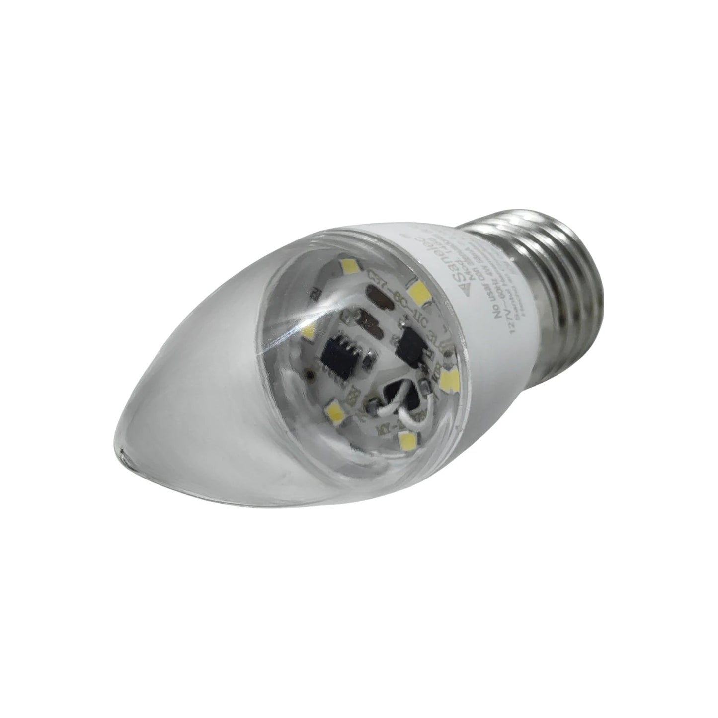 Bombilla LED Sanelec tipo vela 4W luz fría, transparente, con base de rosca E12. Ahorro energético.