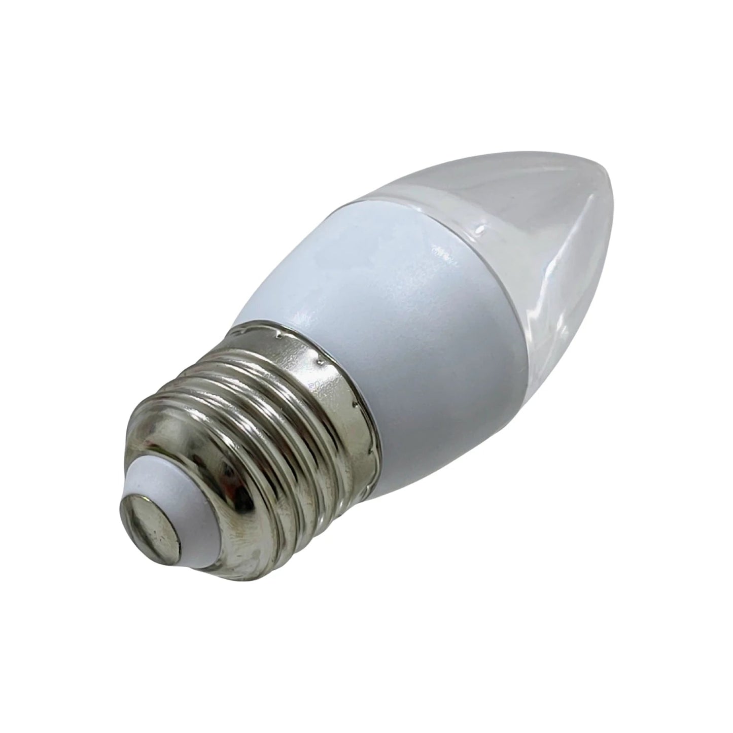 Lámpara LED tipo vela, base de rosca plateada, cuerpo blanco y difusor transparente