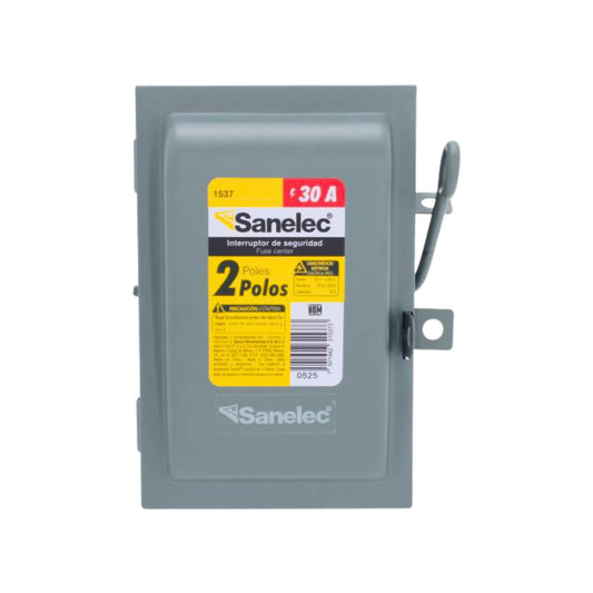 Interruptor de seguridad Sanelec 2 polos 30A, caja metálica gris, centro de fusibles para protección eléctrica.