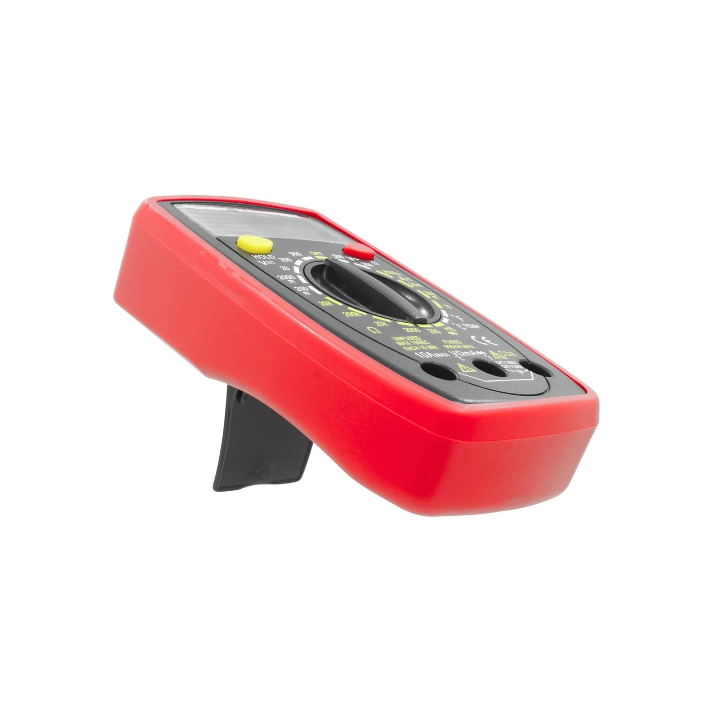 Multímetro digital rojo con pantalla LCD y selector rotatorio para mediciones eléctricas precisas.