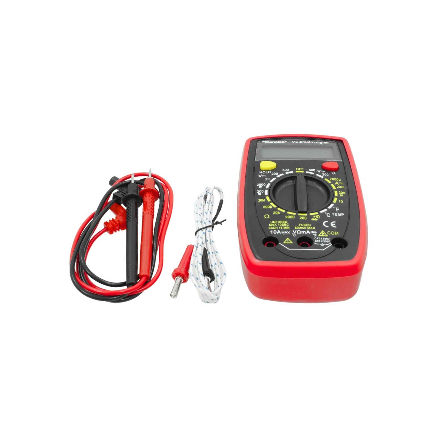 Multímetro digital Sanelec rojo con puntas de prueba y termopar, mide voltaje, corriente, resistencia y temperatura.