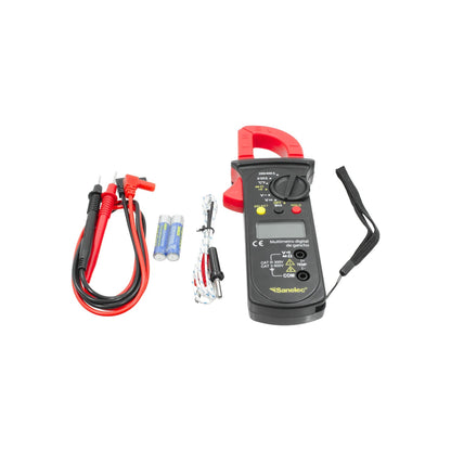 Multímetro digital Sanelec con pinza amperimétrica roja y negra, incluye cables de prueba, termopar y baterías AAA.