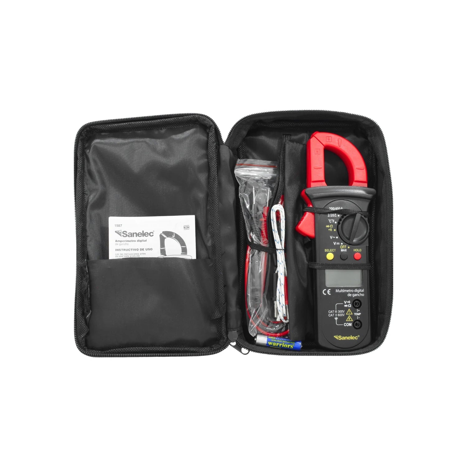 Multímetro digital Sanelec 1587 de gancho rojo con puntas de prueba y estuche negro