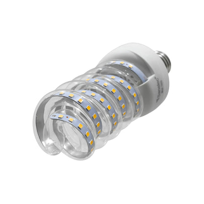 Foco LED espiral Sanelec con chips SMD visibles en tubo transparente y base de rosca para ahorro de energía