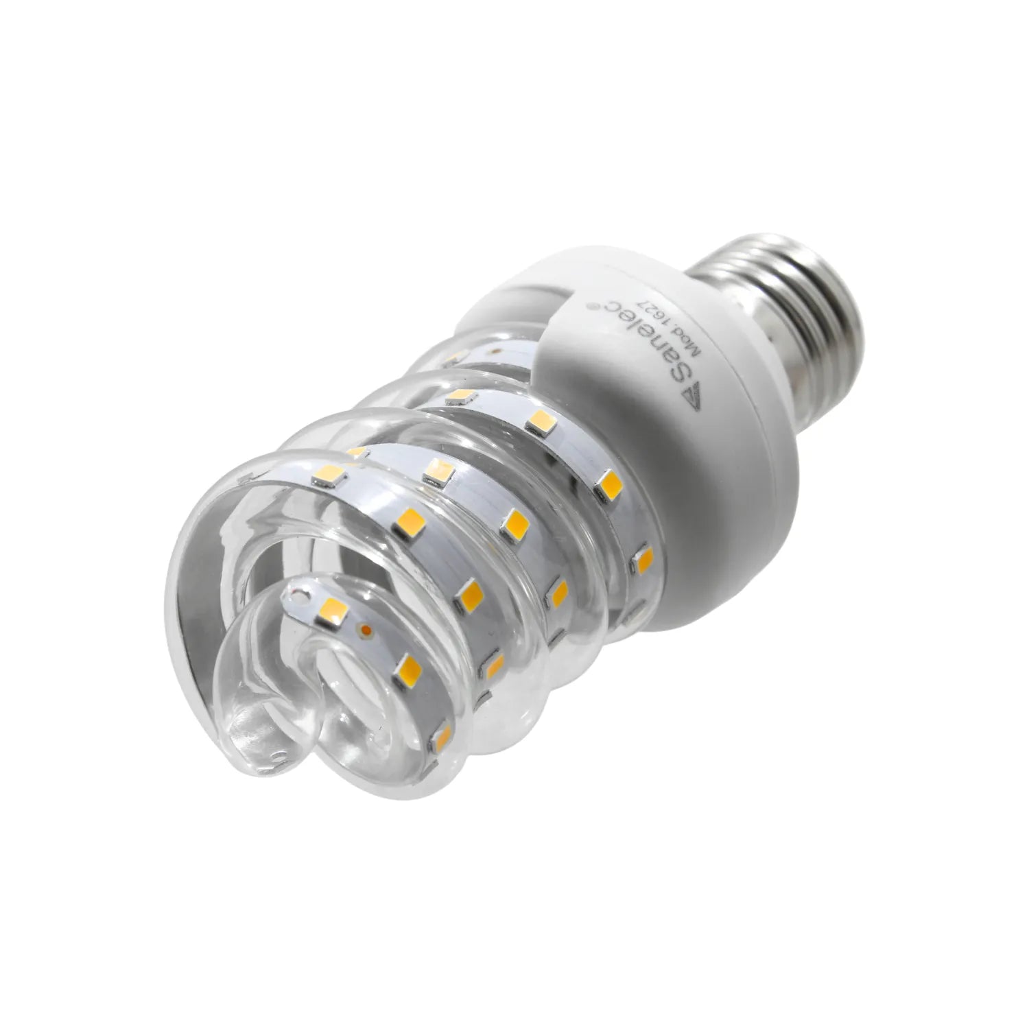 Foco LED espiral Sanelec transparente Mod. 1627 con base E27 para ahorro de energía en iluminación residencial.