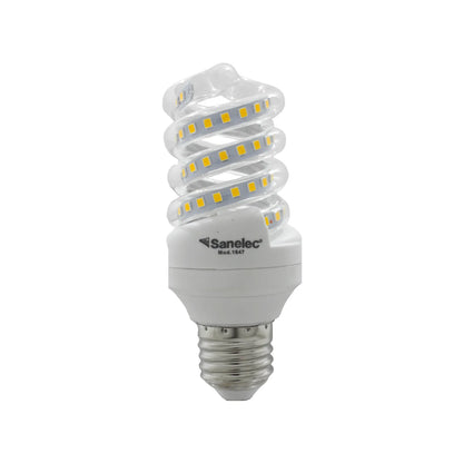 Foco LED espiral Sanelec 1647 base E27 transparente para iluminación de alta eficiencia energética.