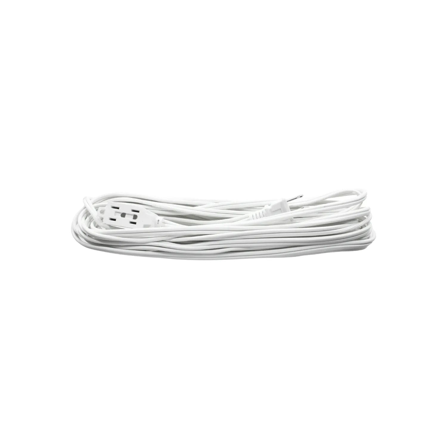 Extensión eléctrica blanca enrollada con múltiples tomas de corriente para hogar o taller