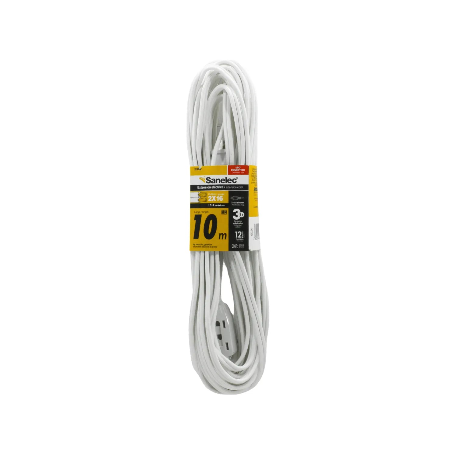 Sanelac extensión eléctrica blanca 10m, calibre 2x16, 13A máximo, uso doméstico