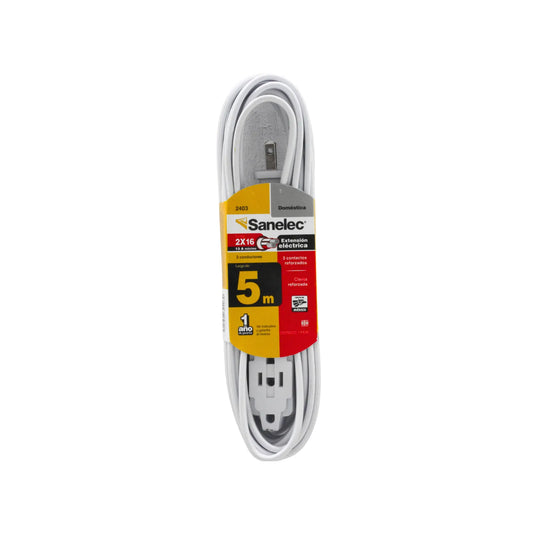 Extensión eléctrica Sanelec blanca 5m, 3 contactos reforzados, 13A, calibre 2X16, uso doméstico