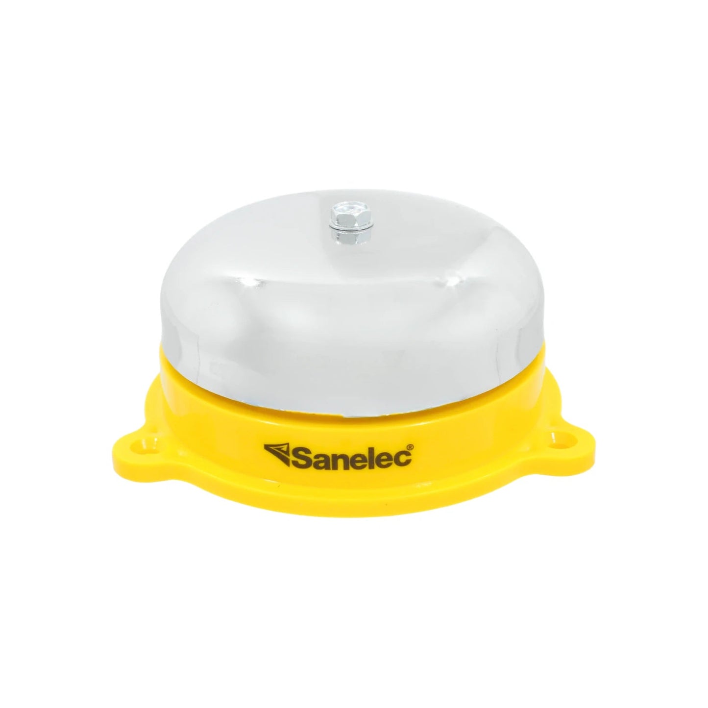 Timbre campana industrial Sanelec con base amarilla y cúpula plateada brillante para mostrador o servicio