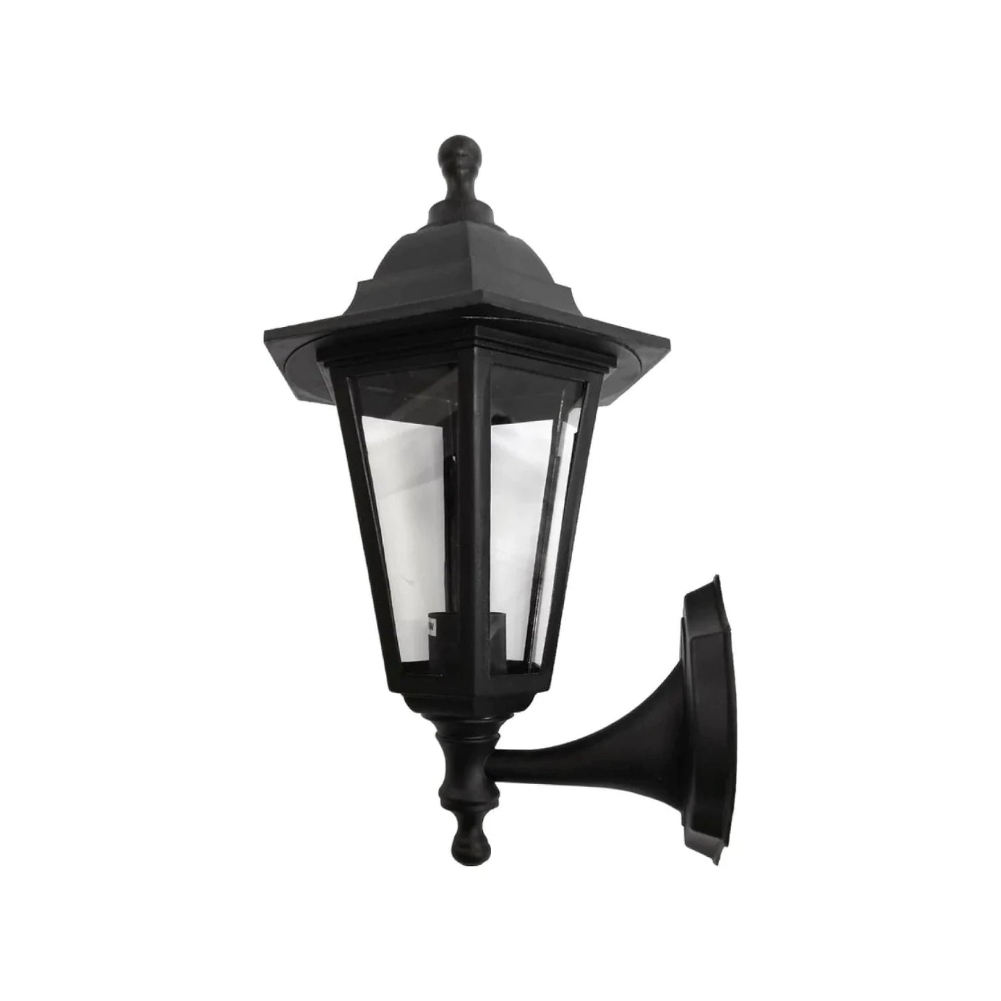 Lámpara farol de pared negro estilo clásico con cristal transparente, ideal para iluminación exterior y jardines