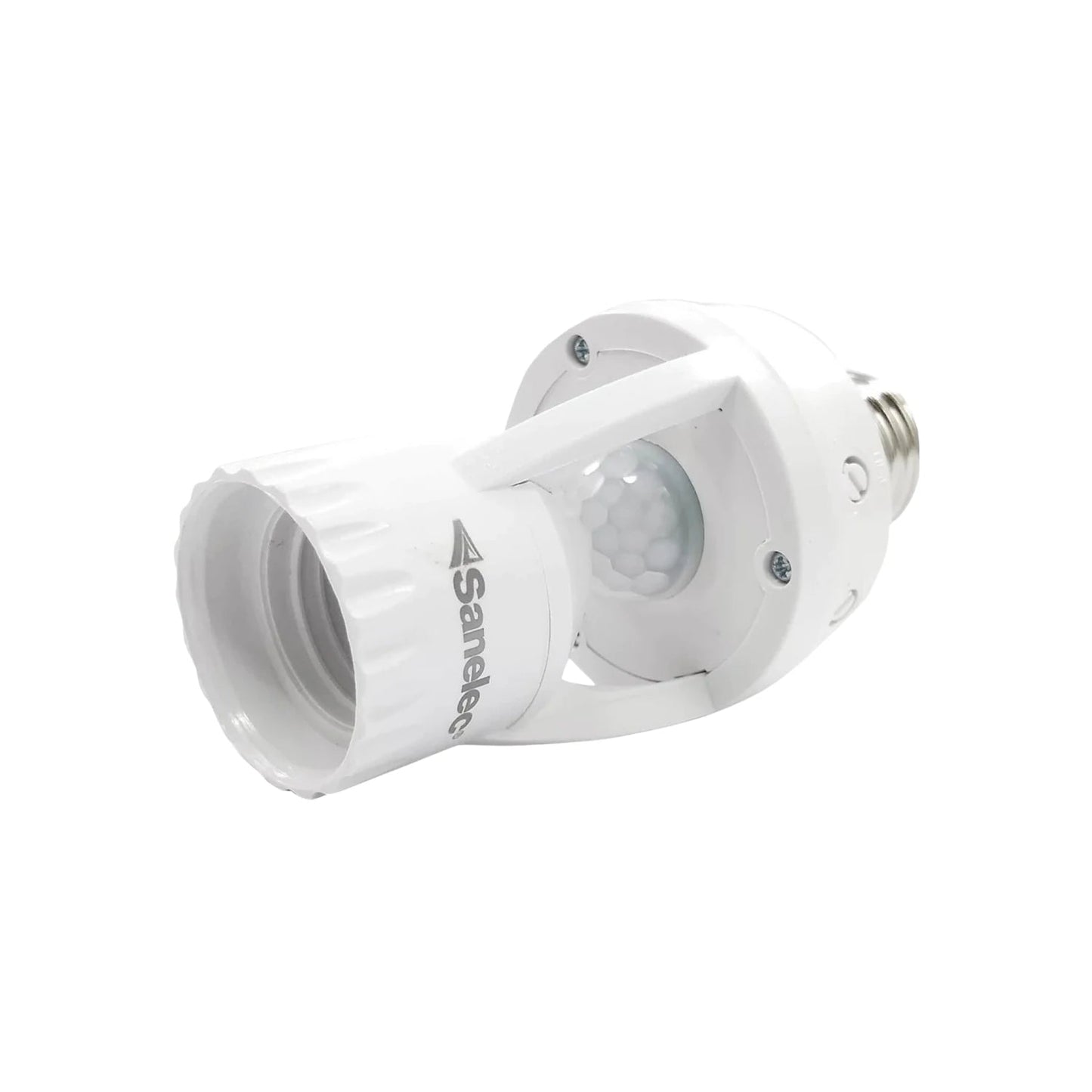 Socket blanco Sanelec con sensor de movimiento PIR E27 para foco, ideal para ahorro de energía e iluminación automática.