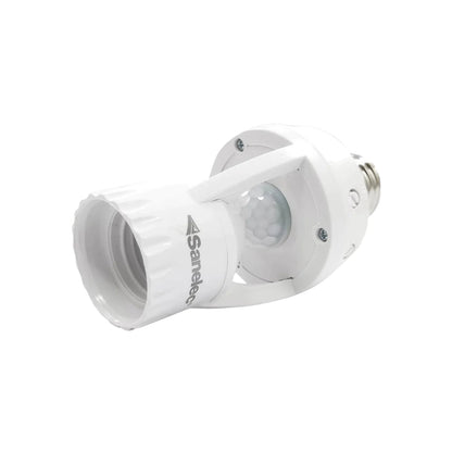 Socket blanco Sanelec con sensor de movimiento PIR E27 para foco, ideal para ahorro de energía e iluminación automática.