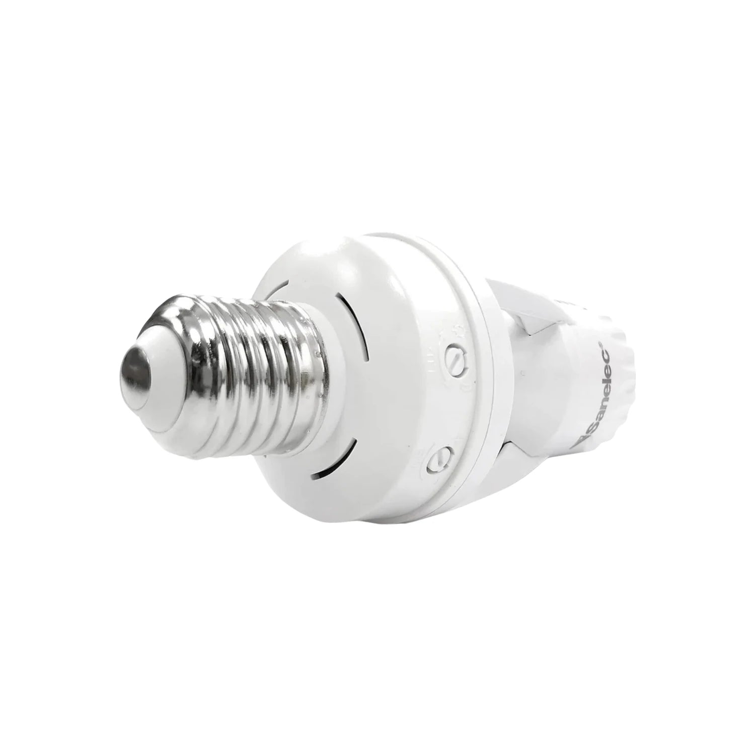 Socket E27 blanco Sanelec con sensor de movimiento PIR para encendido automático de luz, ideal para pasillos.