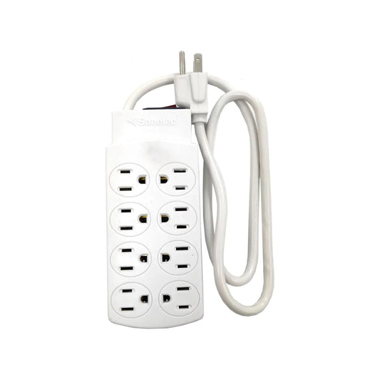 Multicontacto Sanelec blanco con 8 tomas de corriente y clavija de 3 puntas, ideal para extender conexiones eléctricas.