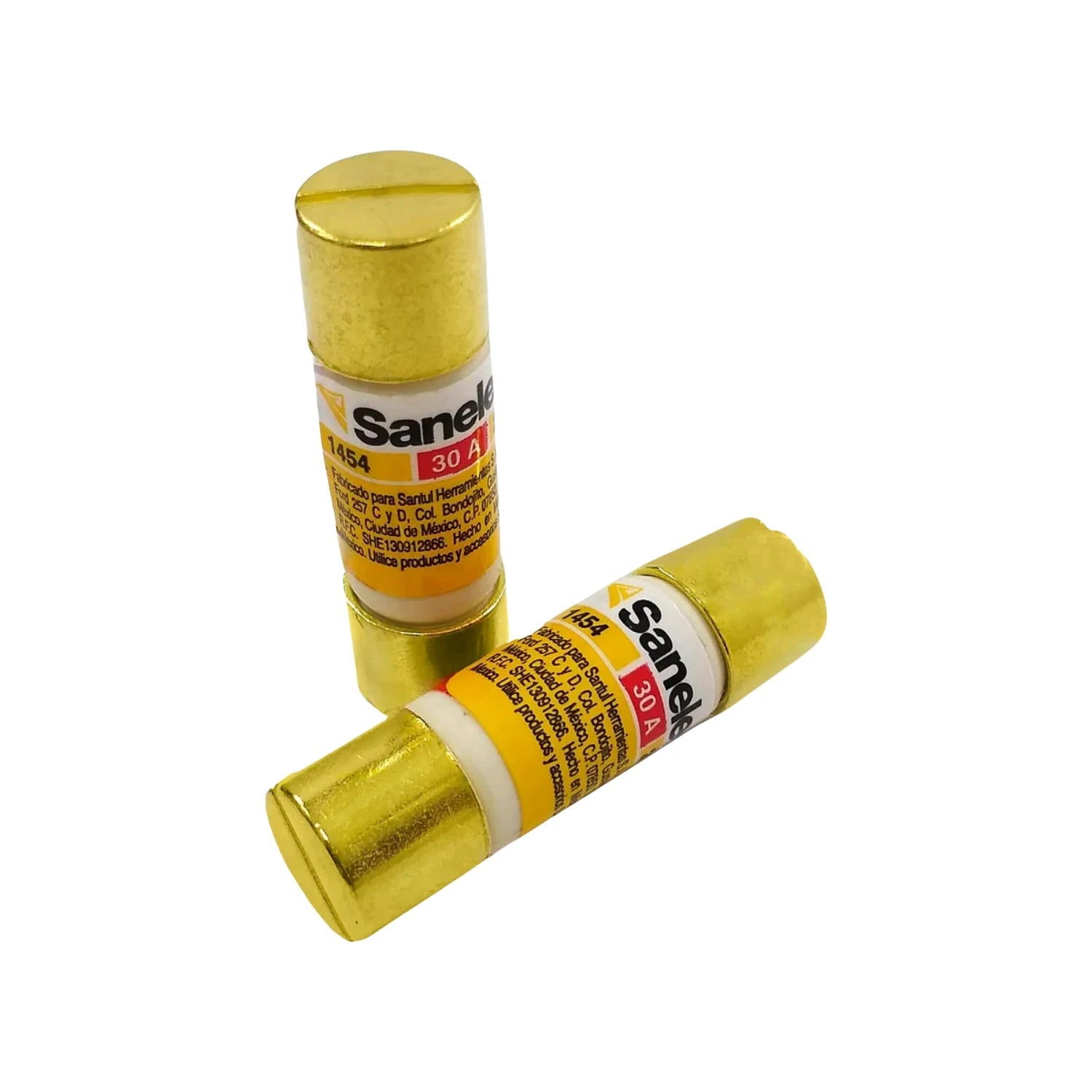 Dos fusibles Sanelec 30A modelo 1454 con terminales doradas, para protección de circuitos eléctricos automotrices