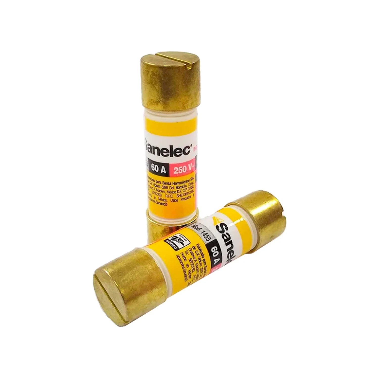 Fusibles Sanelec de 60 amperes 250V, dos piezas cilíndricas latón, para protección de circuitos