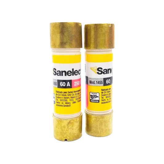 Dos fusibles Sanelec 60A 250V modelo 1455. Protección para circuitos eléctricos residenciales.