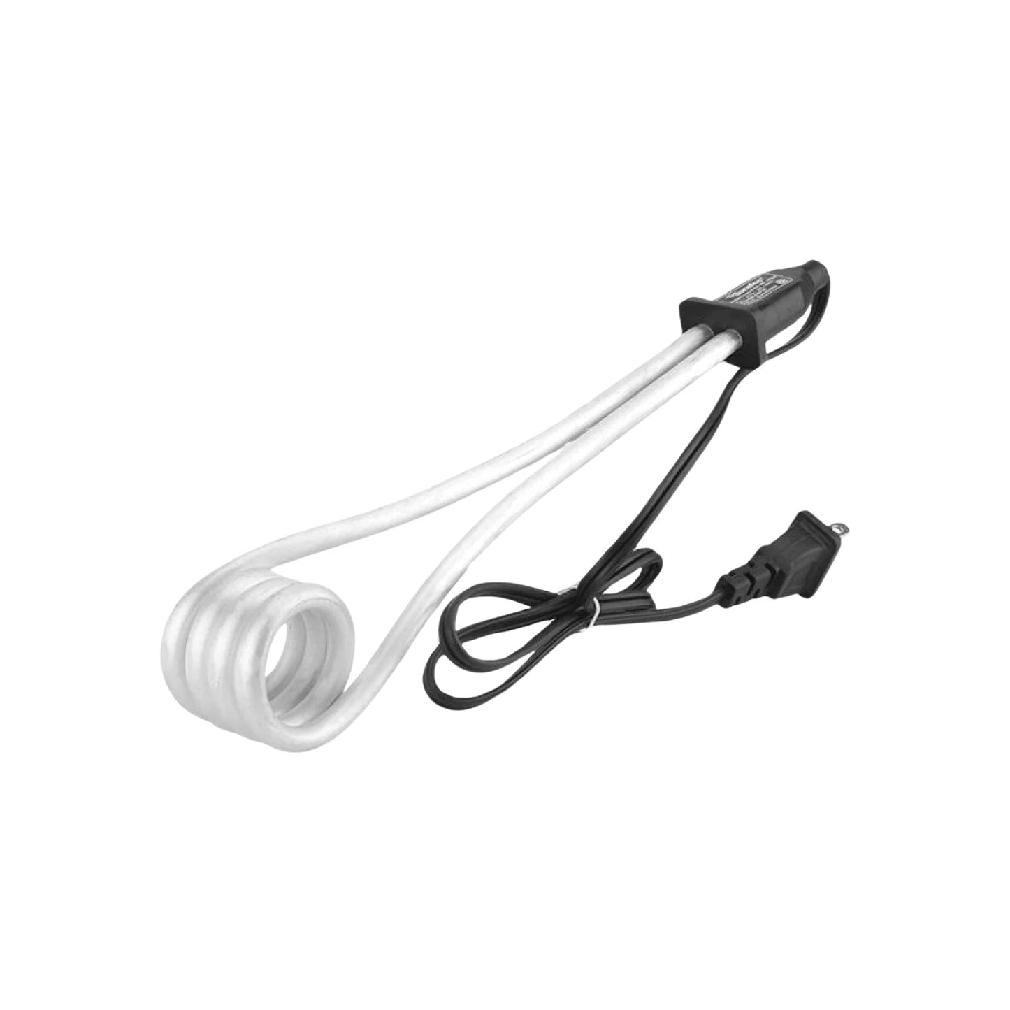 Calentador de inmersión eléctrico portátil con resistencia en espiral y cable negro.